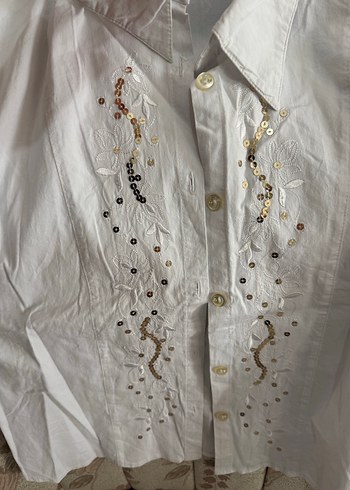 Nakışlı Beyaz Keten Kadın Gömlek - Görsel 2
