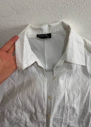 Uzun Kollu Beyaz Keten Gömlek vintage - Görsel 3