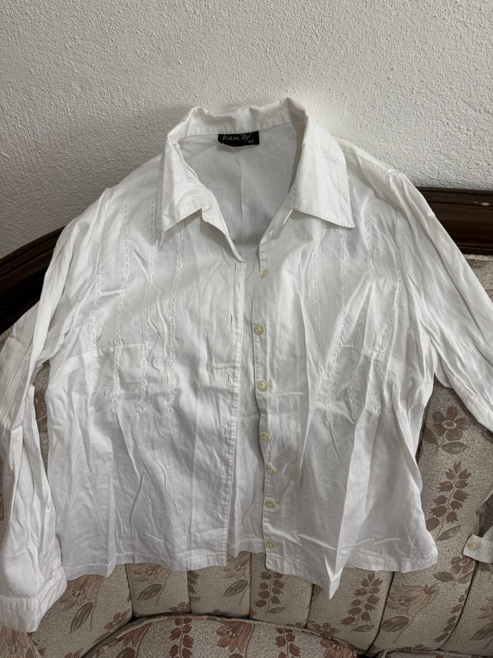 Uzun Kollu Beyaz Keten Gömlek vintage - Görsel 5