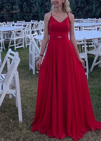 Kırmızı Uzun V Yaka Abiye Elbise - Görsel 2