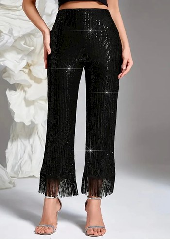 Diğer Pul Payetli Tasarım Pantalon Püsküllü Siyah