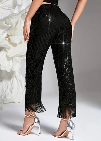 xl Beden Pul Payetli Tasarım Pantalon Püsküllü Siyah