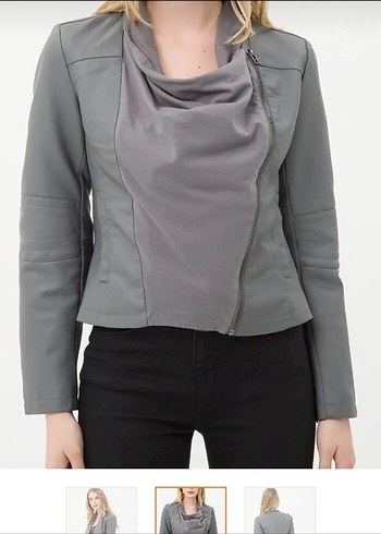 Gri Deri Kadın Ceket, Normal Boy, Salaş Yaka - Görsel 7