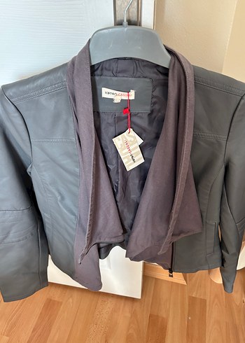 Gri Deri Kadın Ceket, Normal Boy, Salaş Yaka - Görsel 4