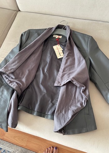 Gri Deri Kadın Ceket, Normal Boy, Salaş Yaka - Görsel 2