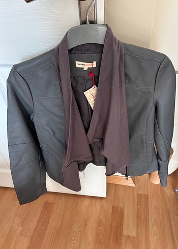 Gri Deri Kadın Ceket Midi Boy - Görsel 3