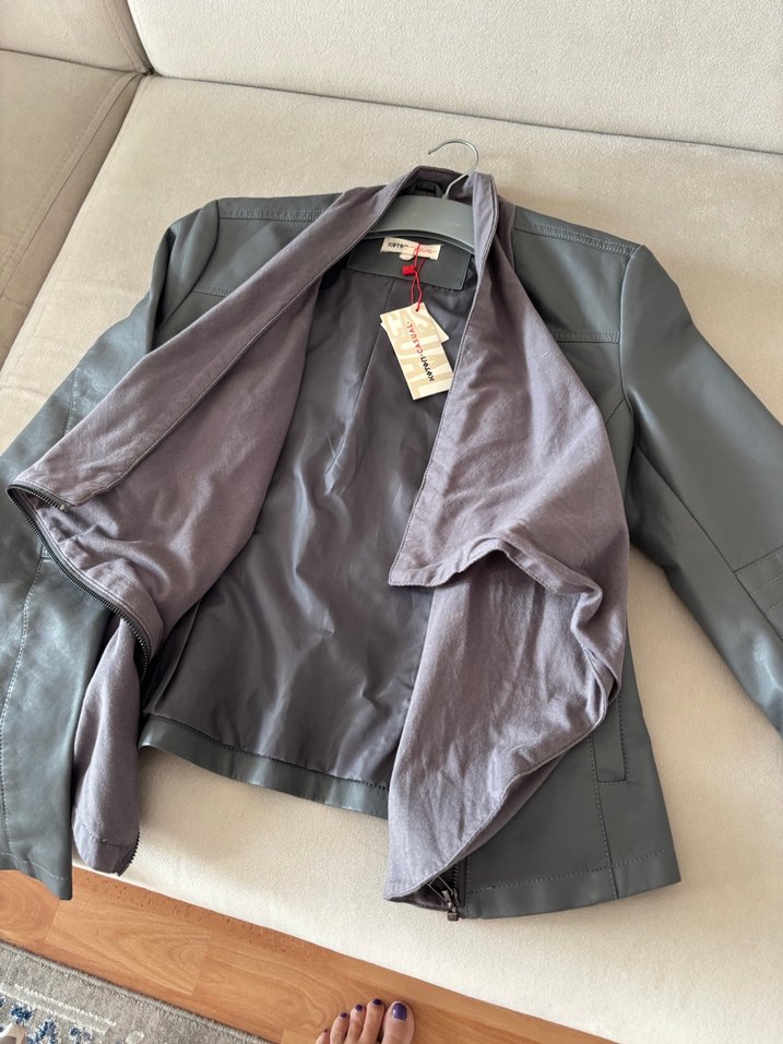 Gri Deri Kadın Ceket Midi Boy - Görsel 2