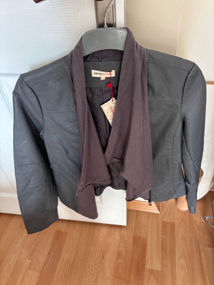 Gri Deri Kadın Ceket Midi Boy - Görsel 3