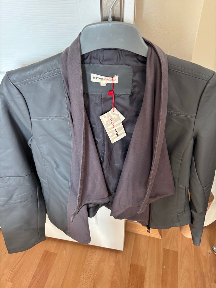 Gri Deri Kadın Ceket Midi Boy - Görsel 4