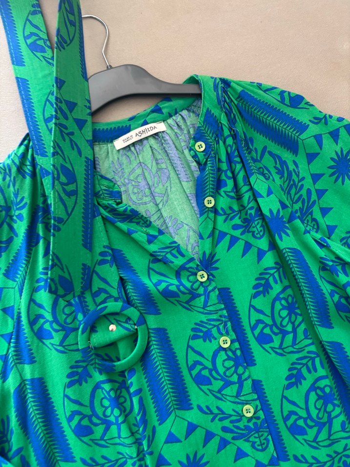 Yeşil Desenli Uzun Bohem Elbise - Görsel 4