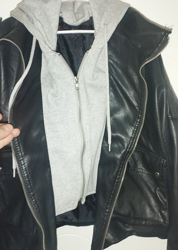 Kapüşonlu Siyah Deri Ceket - Görsel 2