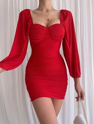 kırmızı tül kol mini elbise