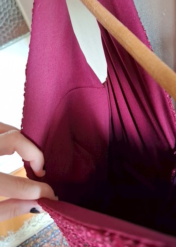 Pullu İşlemeli Dekolteli Fuşya Abiye Elbise - Görsel 13