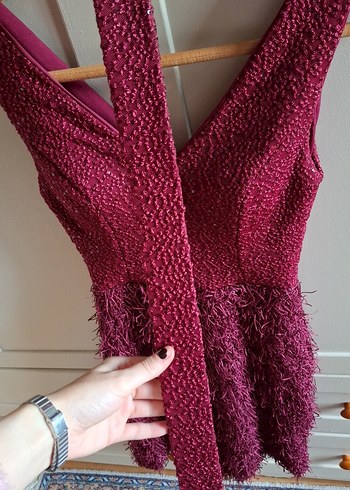 Pullu İşlemeli Dekolteli Fuşya Abiye Elbise - Görsel 6