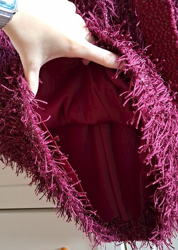 Pullu İşlemeli Dekolteli Fuşya Abiye Elbise - Görsel 15