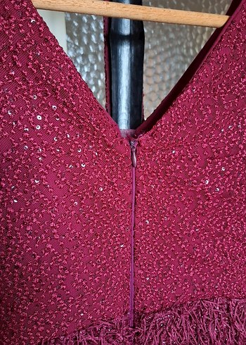 Pullu İşlemeli Dekolteli Fuşya Abiye Elbise - Görsel 12