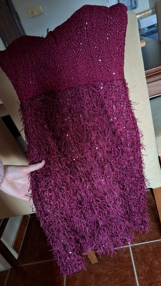 Pullu İşlemeli Dekolteli Fuşya Abiye Elbise - Görsel 3