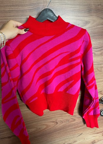 Zebra Desenli Pembe Balıkçı Yaka Kadın Kazak