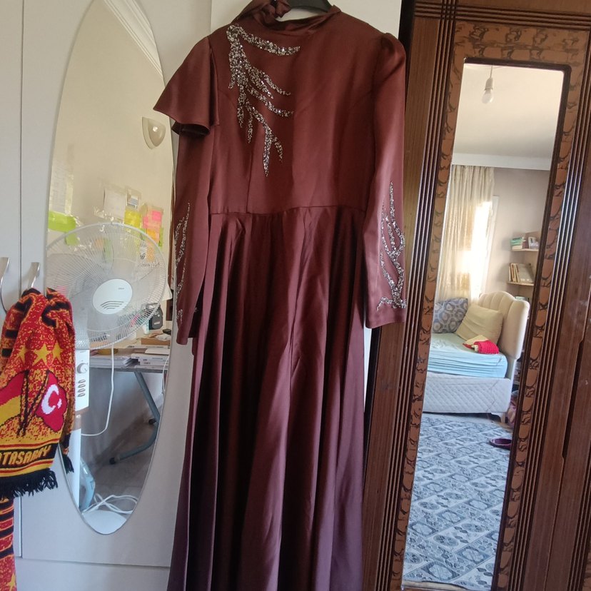 kahve Nakışlı Uzun Bohem Elbise - Görsel 2