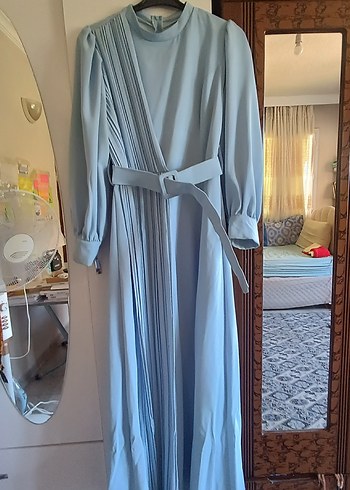 Uzun Kollu Pliseli açık mavi Kadın Elbise - Görsel 2