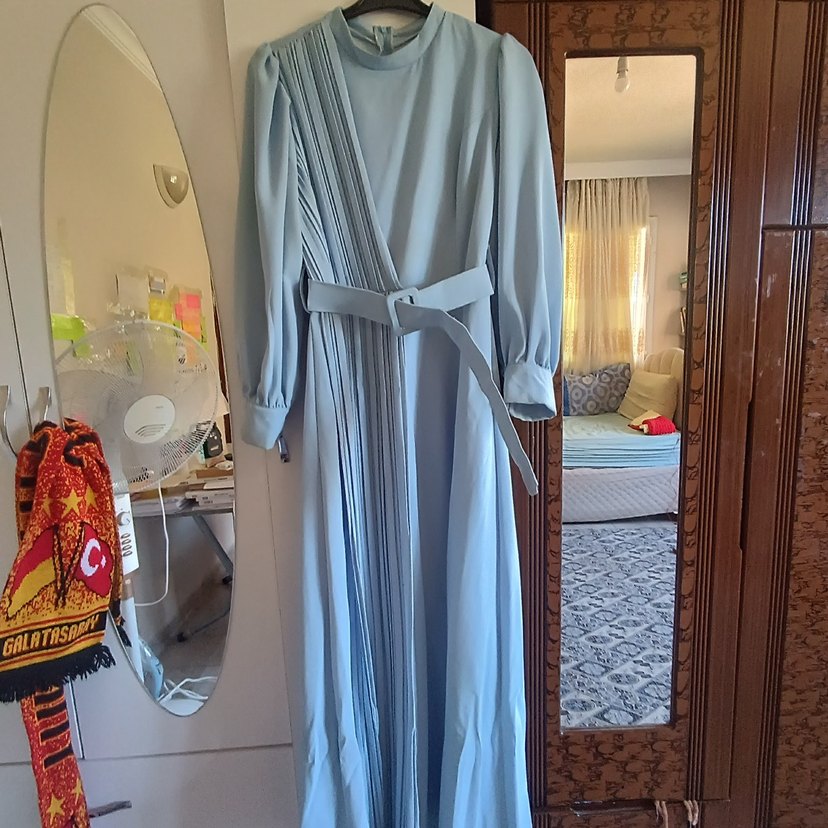 Uzun Kollu Pliseli açık mavi Kadın Elbise - Görsel 2