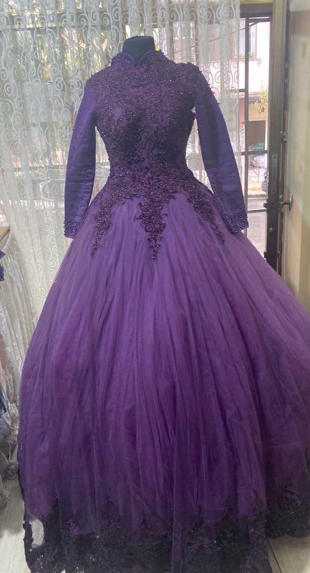 Mor Uzun Kollu İşlemeli Nişan Elbisesi - Görsel 2