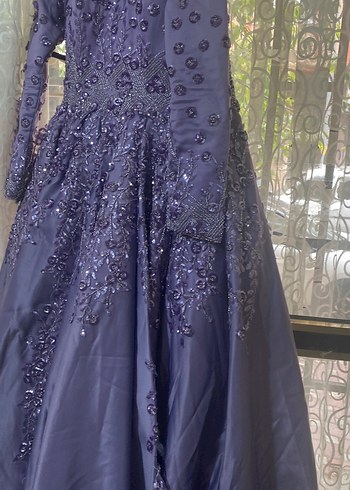 Uzun Kollu İşlemeli Mor Abiye Elbise - Görsel 5