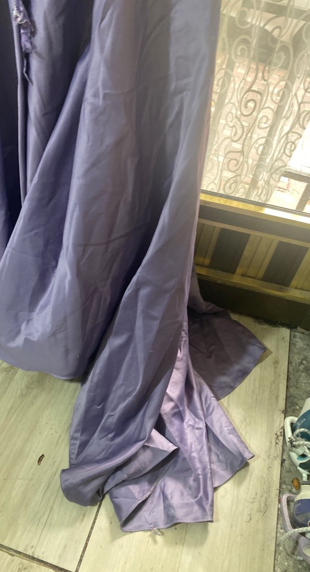 Uzun Kollu İşlemeli Mor Abiye Elbise - Görsel 4