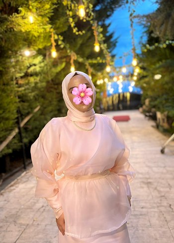 Uzun Kol, Yüksek Yakalı Pembe Transparan Abiye - Görsel 3