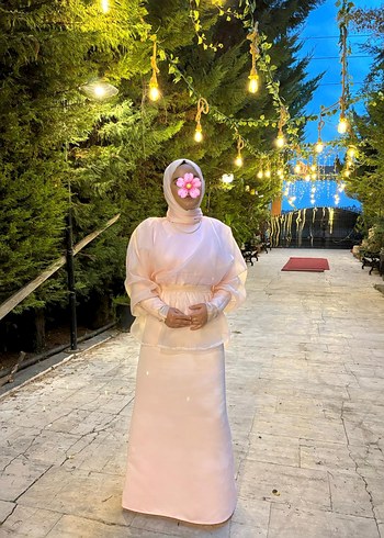 Uzun Kol, Yüksek Yakalı Pembe Transparan Abiye - Görsel 2