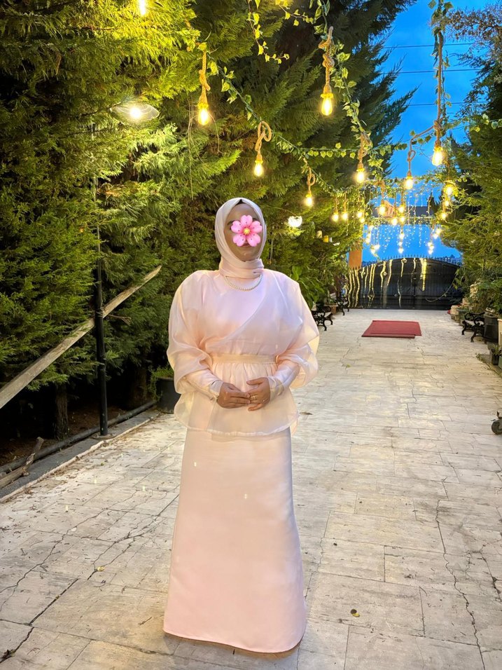 Uzun Kol, Yüksek Yakalı Pembe Transparan Abiye - Görsel 2