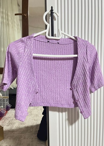 s Beden Düğmeli V Yaka Kısa lila crop Hırka