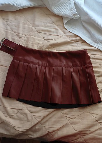 Sheinside Bordo Deri Kemerli Mini Etek