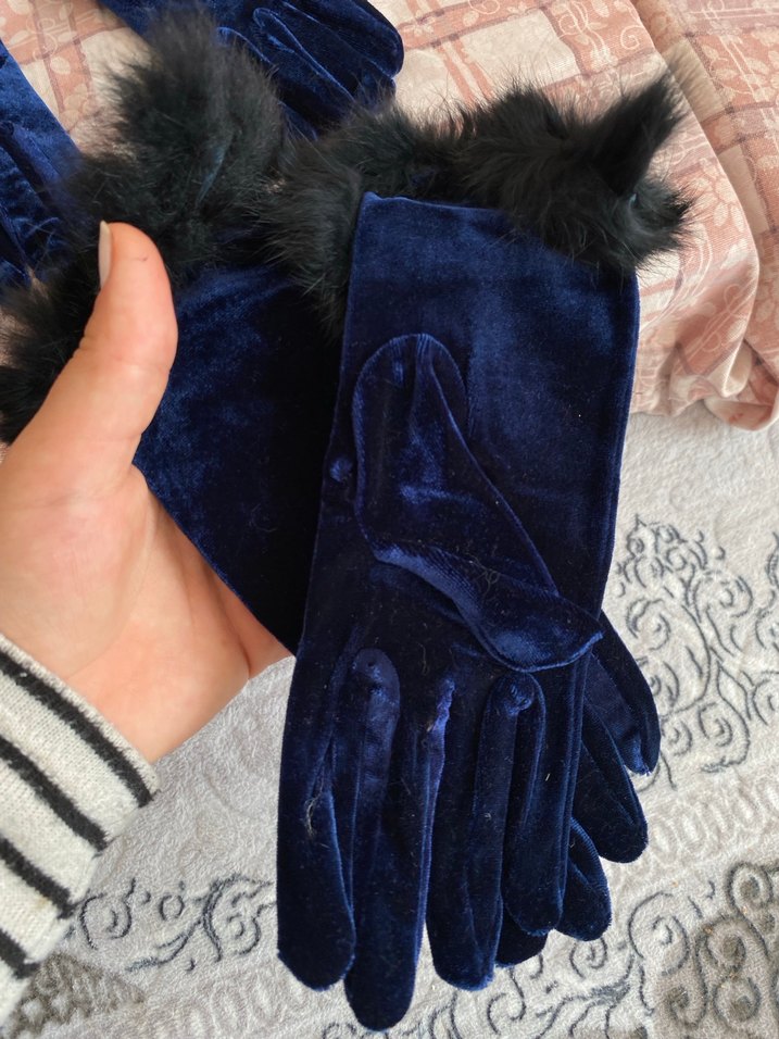 Kürklü Lacivert Kadın Eldiven - Görsel 3