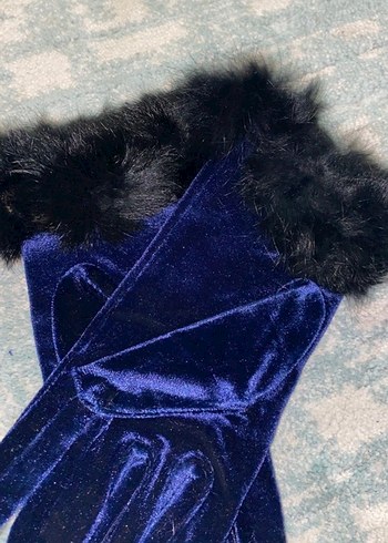 Kürklü Kadın Mavi Kadife Eldiven - Görsel 2