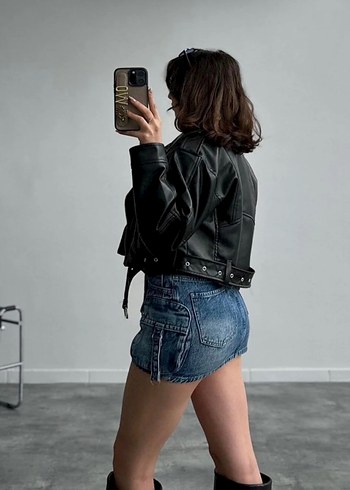 Kadın Siyah Oversize Deri Biker Ceket - Görsel 3