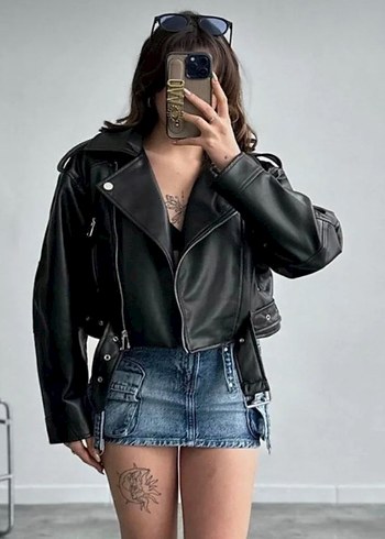 Kadın Siyah Oversize Deri Biker Ceket - Görsel 5