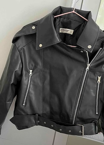 Kadın Siyah Oversize Deri Biker Ceket - Görsel 6