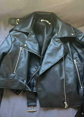 Kadın Siyah Oversize Deri Biker Ceket - Görsel 7