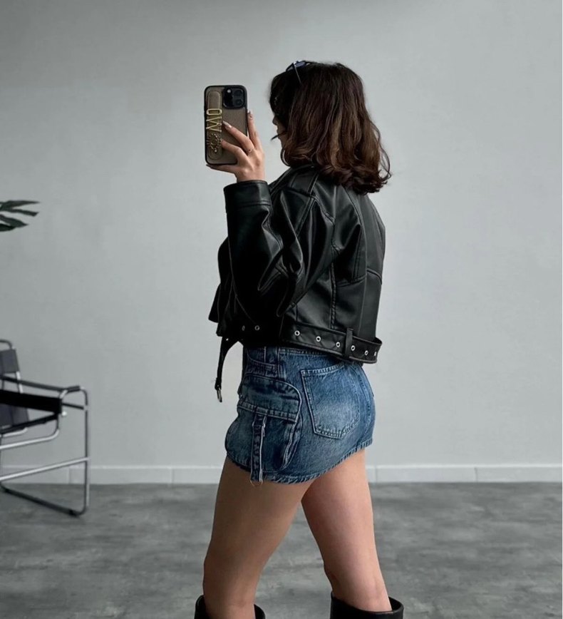 Kadın Siyah Oversize Deri Biker Ceket - Görsel 3