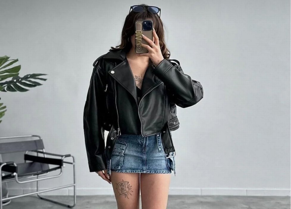 Kadın Siyah Oversize Deri Biker Ceket - Görsel 5