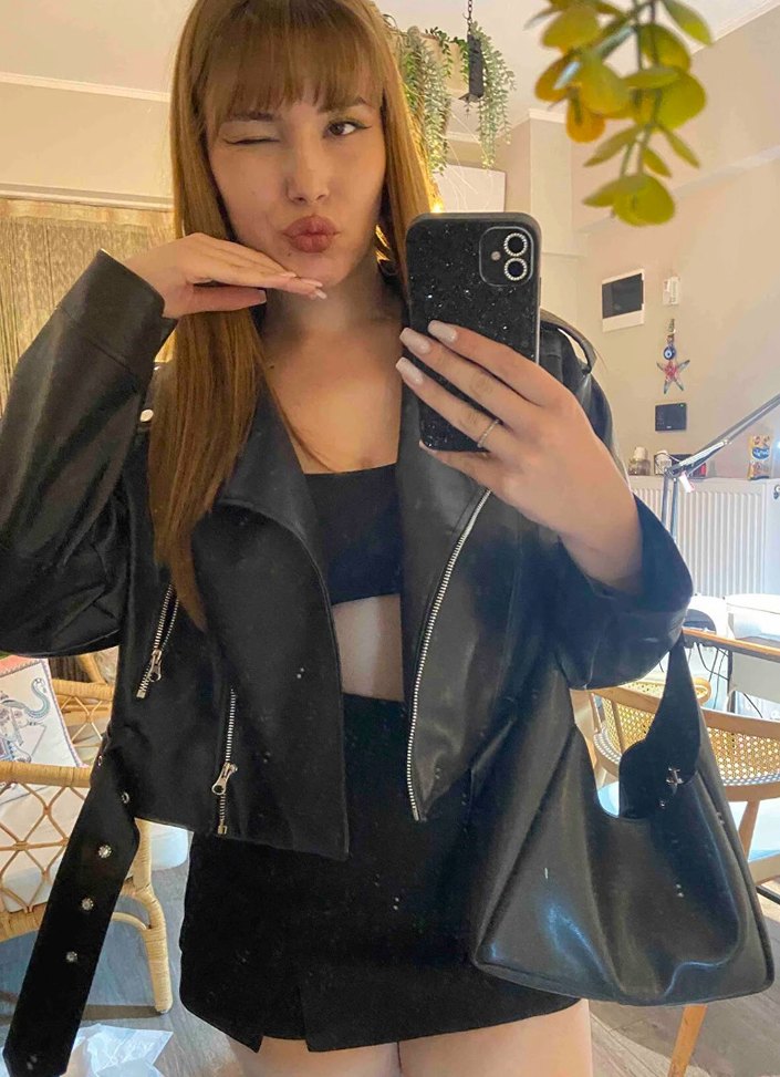 Kadın Siyah Oversize Deri Biker Ceket - Görsel 2