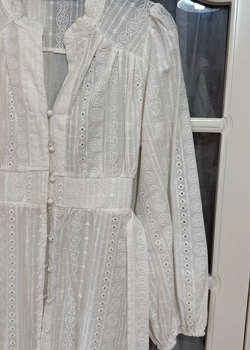 Nakışlı Beyaz Uzun Keten Elbise - Görsel 3