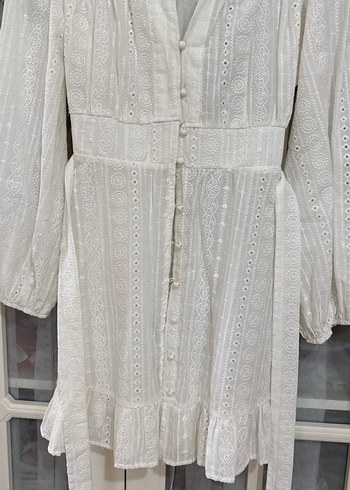Nakışlı Beyaz Uzun Keten Elbise - Görsel 2