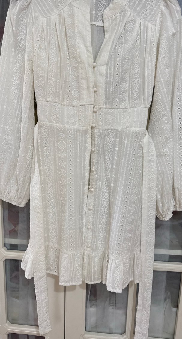 Nakışlı Beyaz Uzun Keten Elbise - Görsel 2