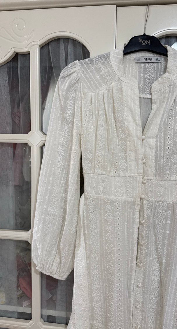 Nakışlı Beyaz Uzun Keten Elbise - Görsel 4