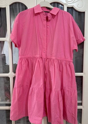 Pembe Kısa Kollu Midi Kadın Elbise - Görsel 2