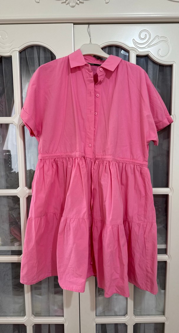 Pembe Kısa Kollu Midi Kadın Elbise - Görsel 2