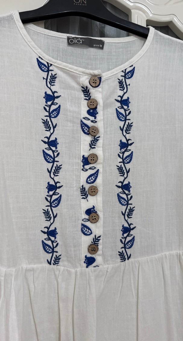 Nakışlı, V Yakalı, Fırfırlı Kadın Mini Tunik - Görsel 2