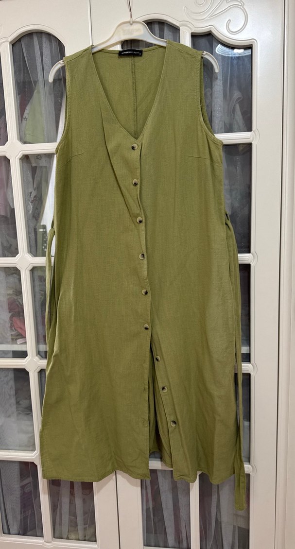 Düğmeli Kolsuz Keten Kadın Tulum - Görsel 2